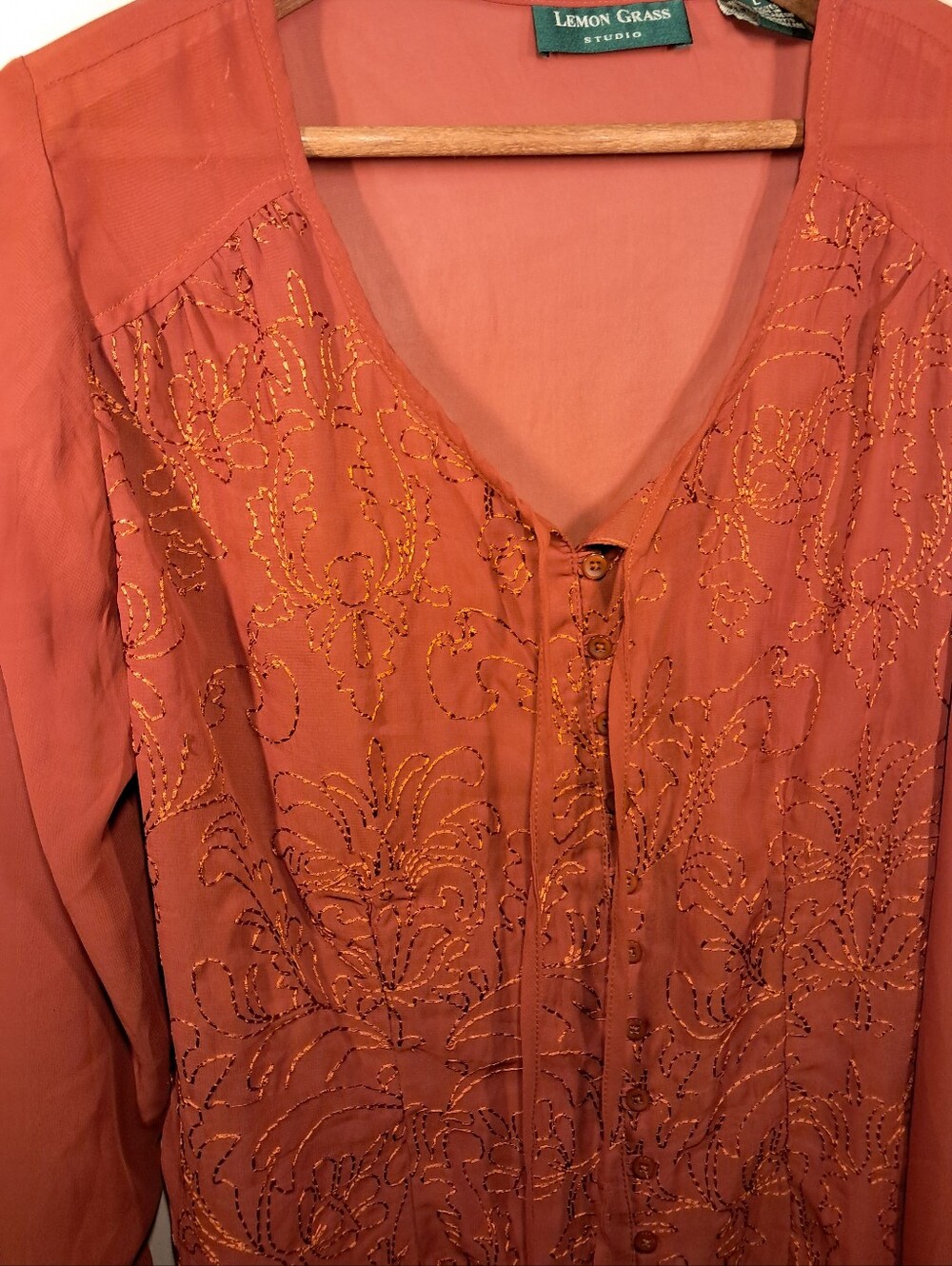 Lemon Grass Studio Embroidered V-Neck Button Front Blouse - Picture 2 of 4